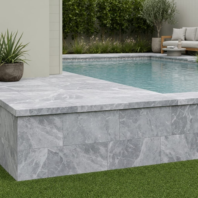 Tundra Marble Leather (Sandblasted & Brushed) 12 x 24 x 2 Double Modern Coping 12x24 pool coping — Swimming Pool raised bond beam cap