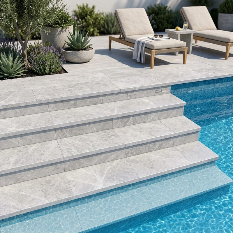 Tundra Marble Leather (Sandblasted & Brushed) 12 x 24 x 2 Modern Coping 12x24 pool coping — Swimming Pool pool step edge
