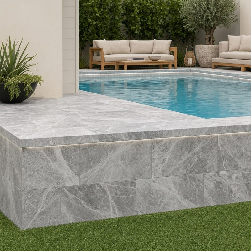 Tundra Marble Leather (Sandblasted & Brushed) 12 x 24 x 2 Modern Coping 12x24 pool coping — Swimming Pool raised bond beam cap