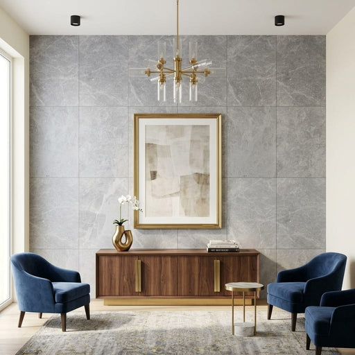 Tundra Marble Leather (Sandblasted & Brushed) 16 x 24 x 1/2 Tile 16x24 — Living Room feature wall