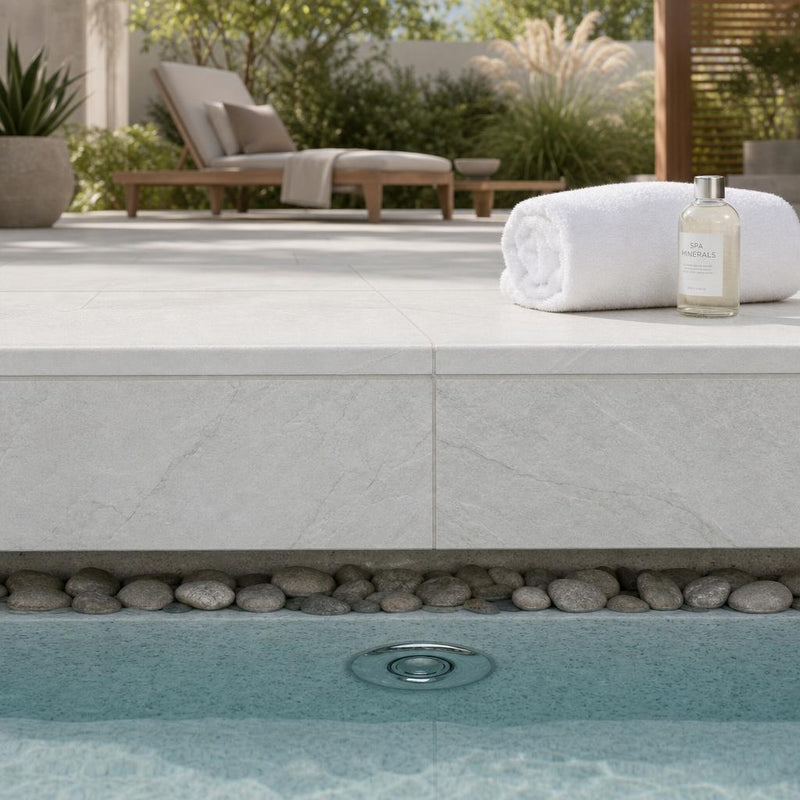 Tundra Marble Leather (Sandblasted & Brushed) 16 x 24 x 2 Bullnose Coping 16x24 pool coping — Spa spa overhang edge