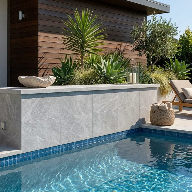 Tundra Marble Leather (Sandblasted & Brushed) 16 x 24 x 2 Double Modern Coping 16x24 pool coping — Swimming Pool raised bond beam cap