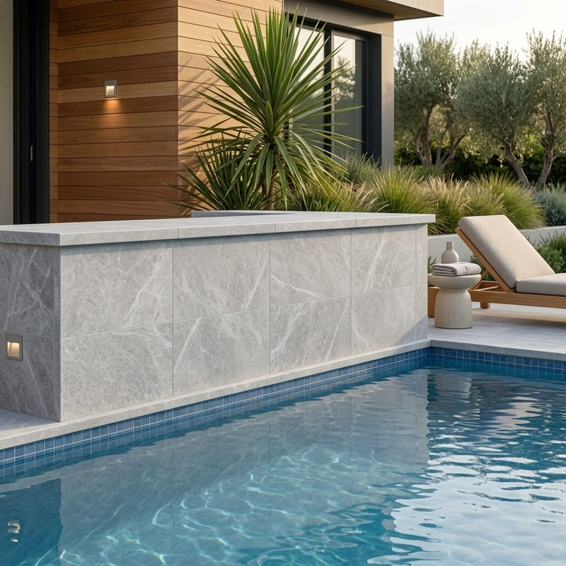 Tundra Marble Leather (Sandblasted & Brushed) 16 x 24 x 2 Modern Coping 16x24 pool coping — Swimming Pool raised bond beam cap