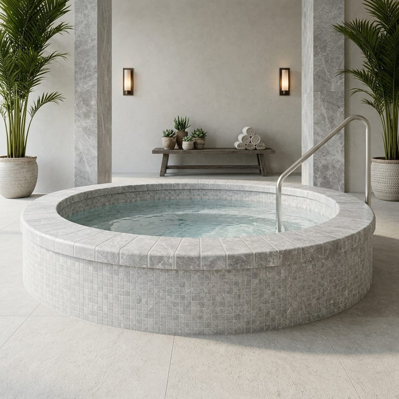 Tundra Marble Leather (Sandblasted & Brushed) 4 x 12 x 2 Bullnose Coping 4x12 pool coping — Spa spa overhang edge