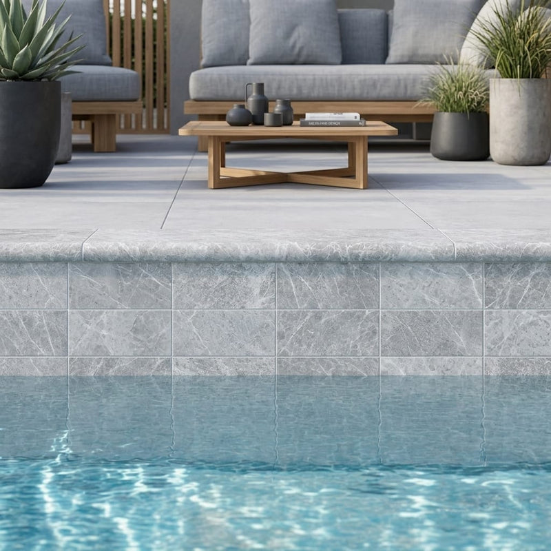 Tundra Marble Leather (Sandblasted & Brushed) 4 x 12 x 2 Bullnose Coping 4x12 pool coping — Swimming Pool remodel pool edge
