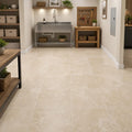 Tuscany Beige 12x12 Honed-Filled Travertine Tile — Basement floor
