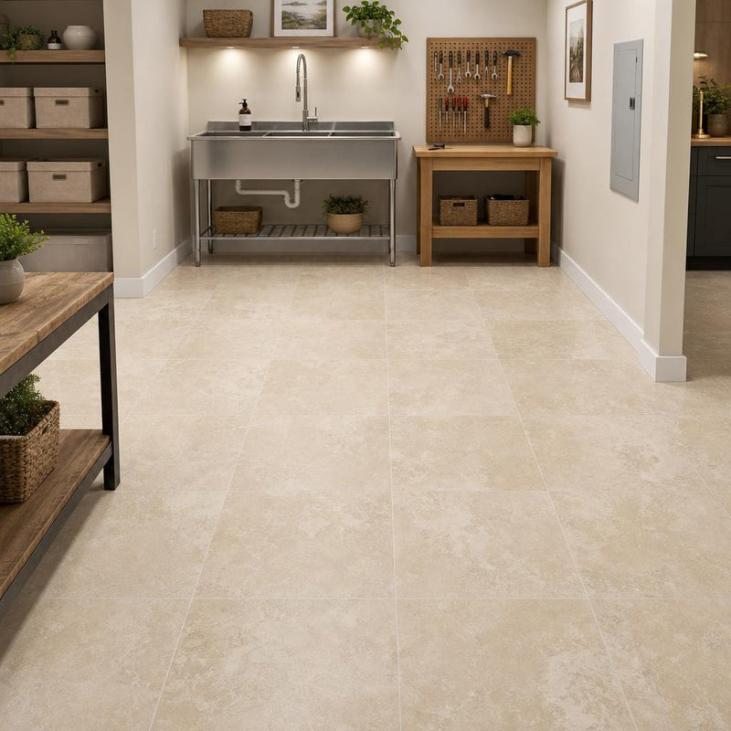 Tuscany Beige 12x12 Honed-Filled Travertine Tile — Basement floor