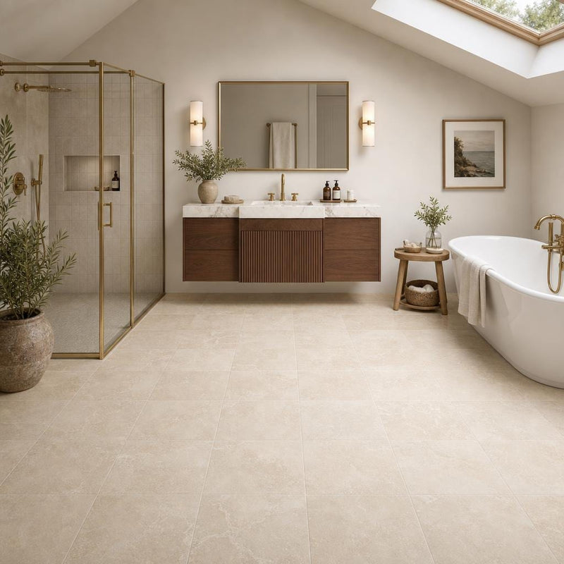 Tuscany Beige 12x12 Honed-Filled Travertine Tile — Bathroom floor