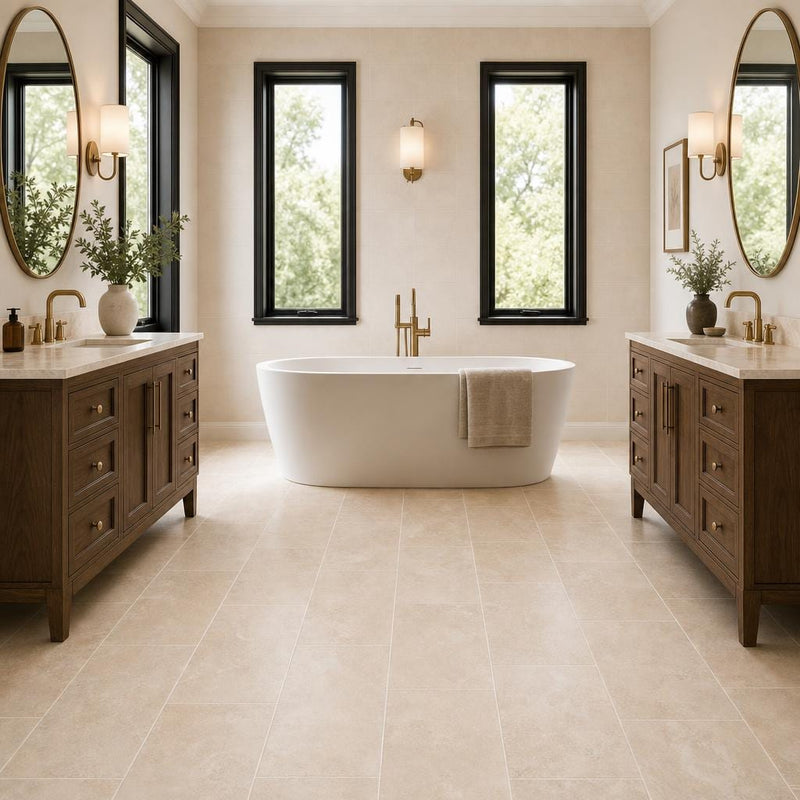Tuscany Beige 12x24 Honed-Filled Travertine Tile — Bathroom floor