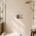 Tuscany Beige 12x24 Honed-Filled Travertine Tile — Bathroom shower wall