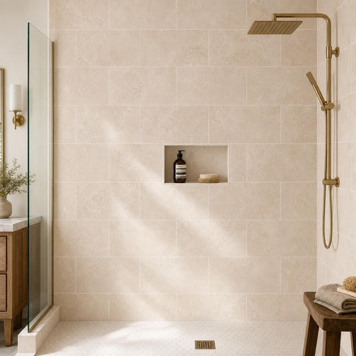 Tuscany Beige 12x24 Honed-Filled Travertine Tile — Bathroom shower wall