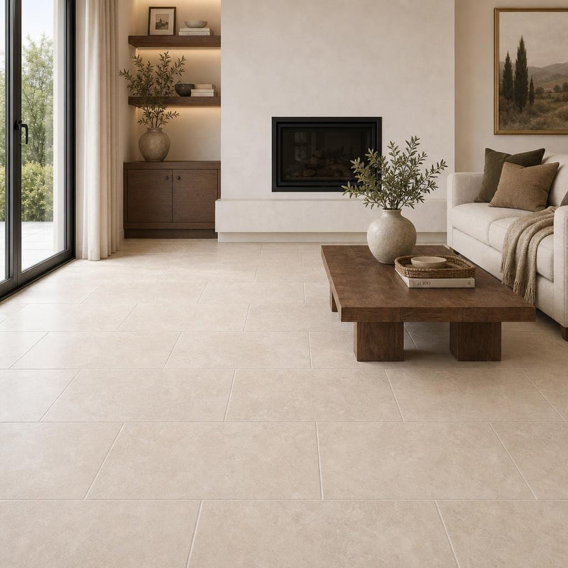 Tuscany Beige 12x24 Honed-Filled Travertine Tile — Living Room floor