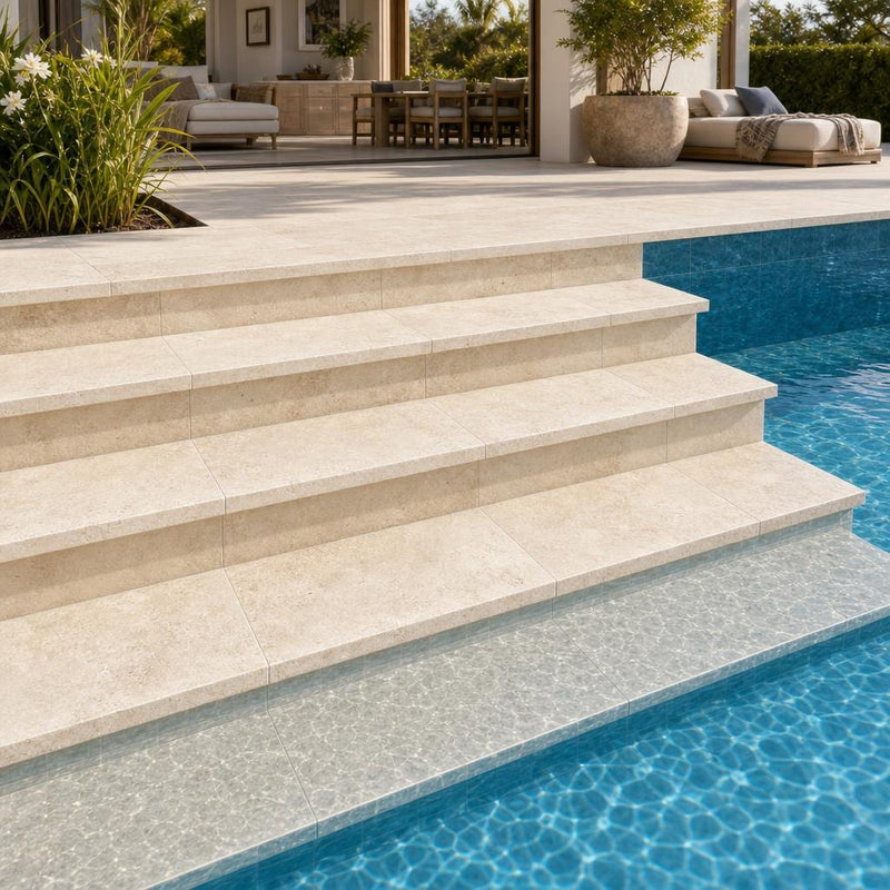 Tuscany Beige 12x24 HUFB 3CM Travertine Pool Coping — Swimming Pool pool step edge