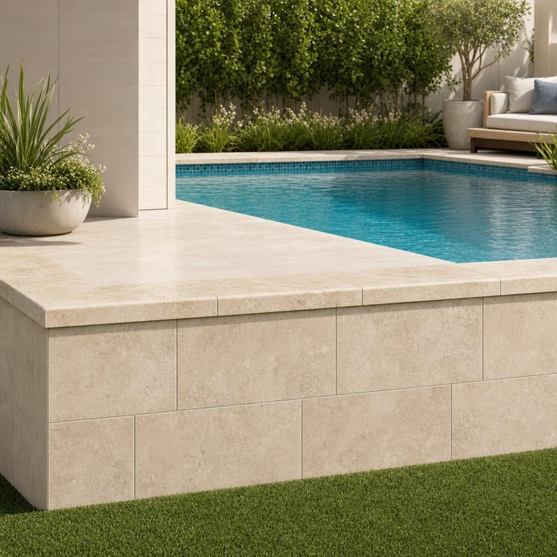 Tuscany Beige 12x24 HUFB Travertine Pool Coping — Swimming Pool raised bond beam cap