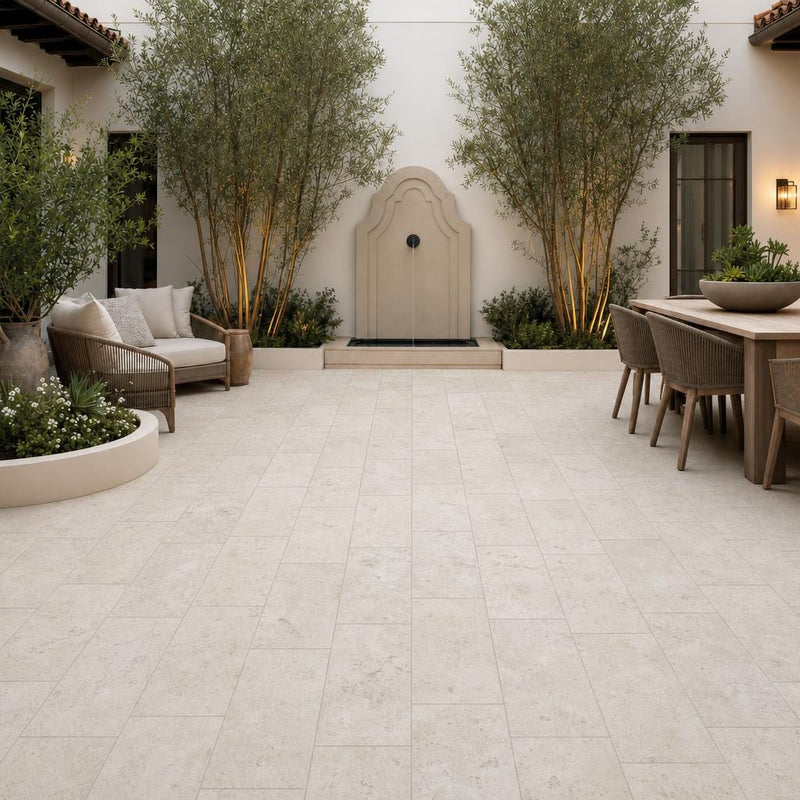 Tuscany Beige 12x24 Tumbled 3CM Travertine Paver — Courtyard paving