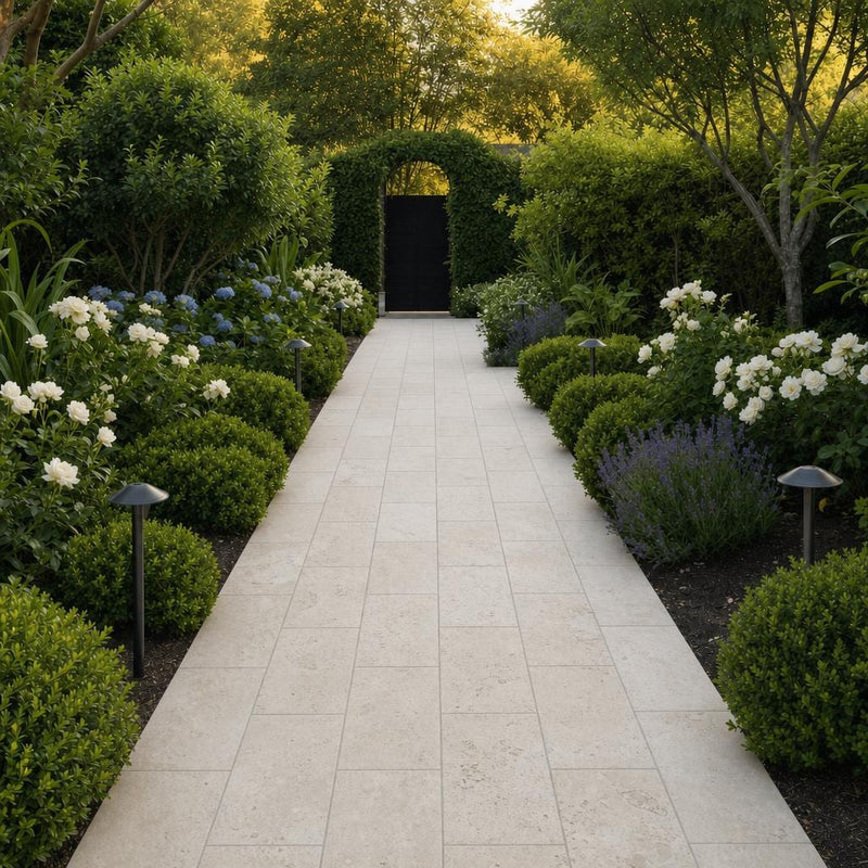Tuscany Beige 12x24 Tumbled 3CM Travertine Paver — Garden path