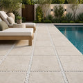 Tuscany Beige 16x16 Tumbled 3CM Travertine Paver — Backyard pool deck