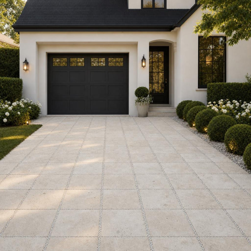 Tuscany Beige 16x16 Tumbled 3CM Travertine Paver — Front Yard driveway