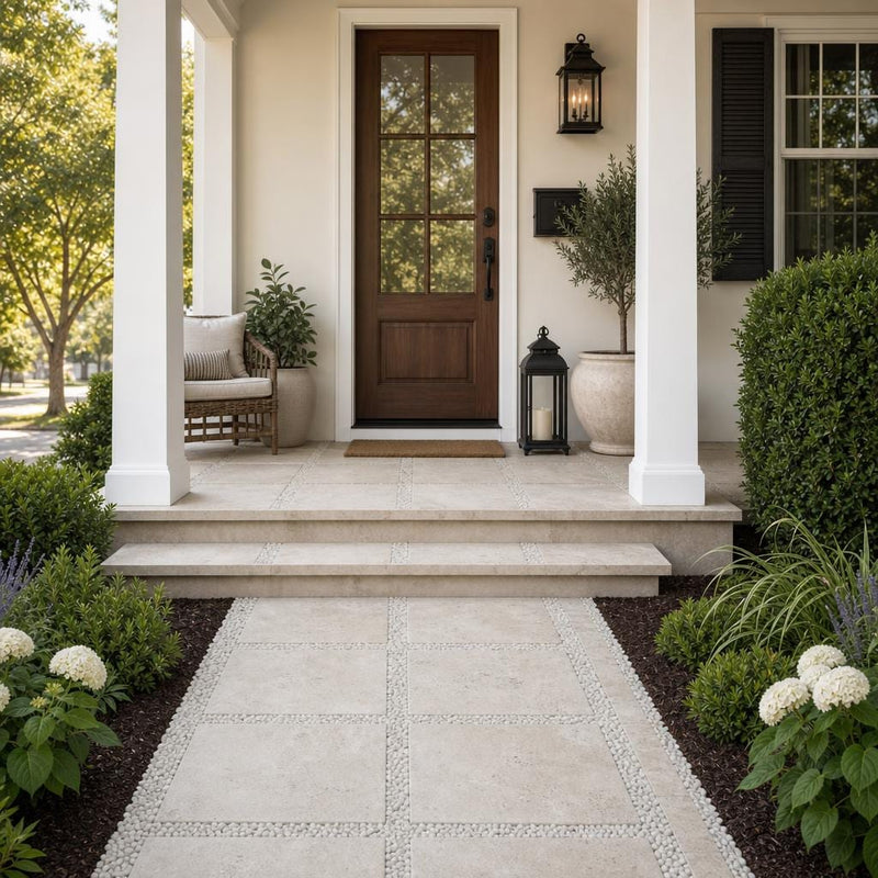 Tuscany Beige 16x16 Tumbled 3CM Travertine Paver — Front Yard front porch