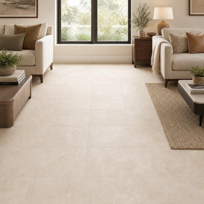 Tuscany Beige 18x18 Honed-Filled Travertine Tile — Family Room floor