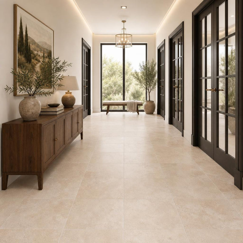 Tuscany Beige 18x18 Honed-Filled Travertine Tile — Hallway floor