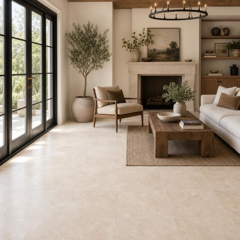 Tuscany Beige 18x18 Honed-Filled Travertine Tile — Living Room floor