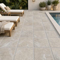 Tuscany Beige 24x24 Tumbled Travertine Paver — Backyard pool deck