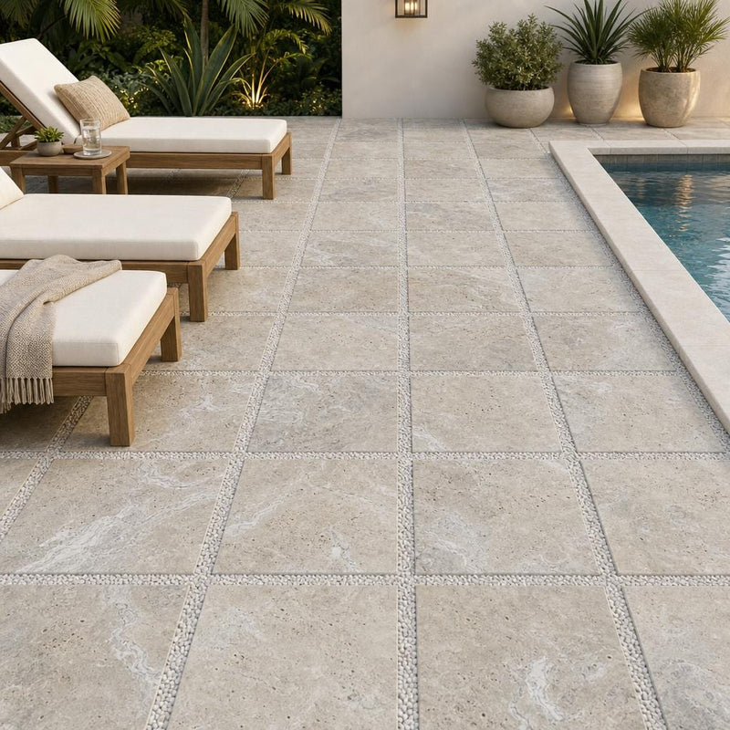 Tuscany Beige 24x24 Tumbled Travertine Paver — Backyard pool deck