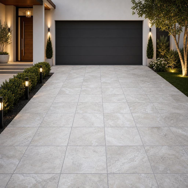 Tuscany Beige 24x24 Tumbled Travertine Paver — Front Yard driveway