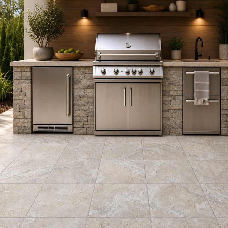 Tuscany Beige 24x24 Tumbled Travertine Paver — Outdoor Kitchen floor