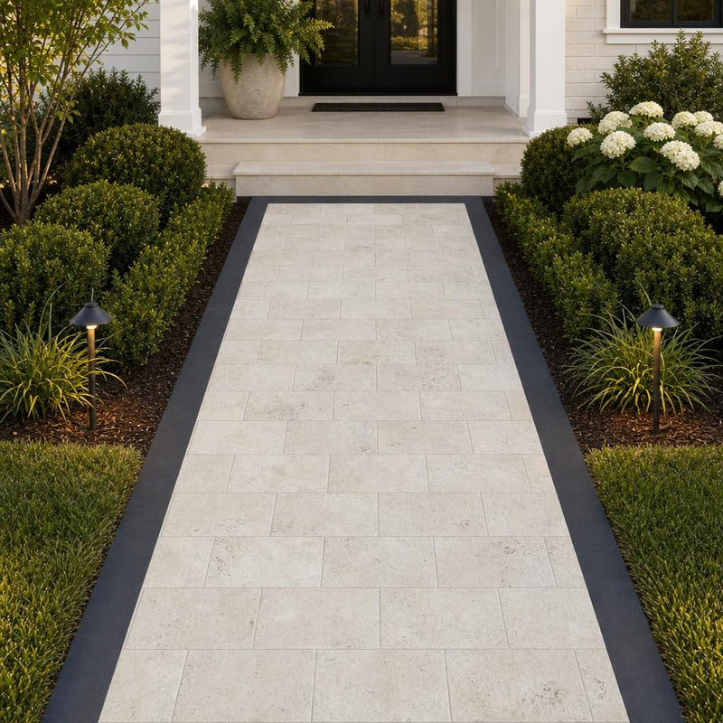 Tuscany Beige 8x16 Tumbled Travertine Paver — Front Yard walkway