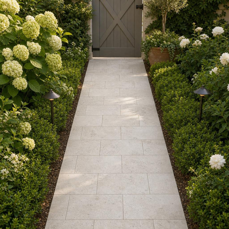 Tuscany Beige 8x16 Tumbled Travertine Paver — Garden path