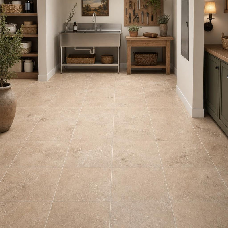 Tuscany Classic 12x12 HF Travertine Tile — Basement floor