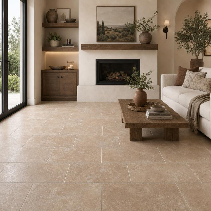 Tuscany Classic 12x24 HF Travertine Tile — Living Room floor