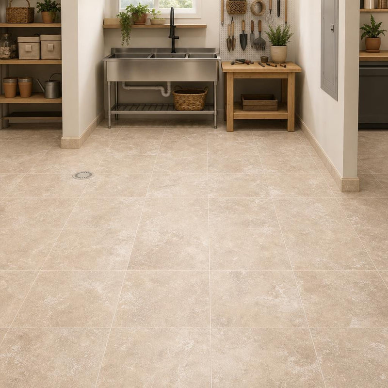 Tuscany Ivory 12x12 HF Travertine Tile — Basement floor