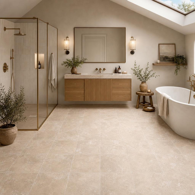 Tuscany Ivory 12x12 HF Travertine Tile — Bathroom floor