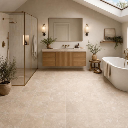 Tuscany Ivory 12x12 HF Travertine Tile — Bathroom floor