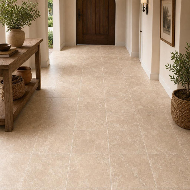 Tuscany Ivory 12x12 HF Travertine Tile — Hallway floor