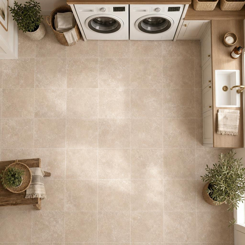 Tuscany Ivory 12x12 HF Travertine Tile — Laundry Room floor