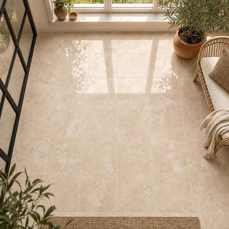 Tuscany Ivory 12x12 HF Travertine Tile — Sunroom floor