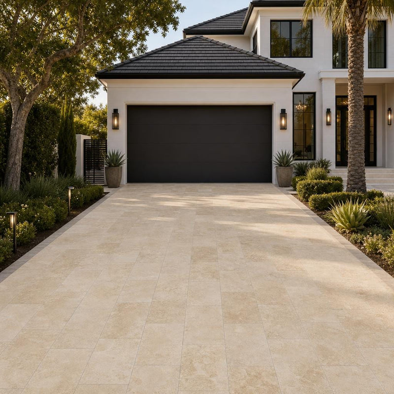 Tuscany Ivory 16x24 Tumbled Travertine Paver — Front Yard driveway