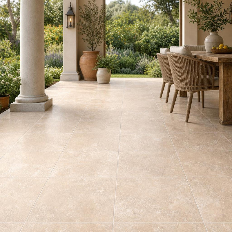 Tuscany Ivory 18x18 HF Travertine Tile — Covered Patio floor