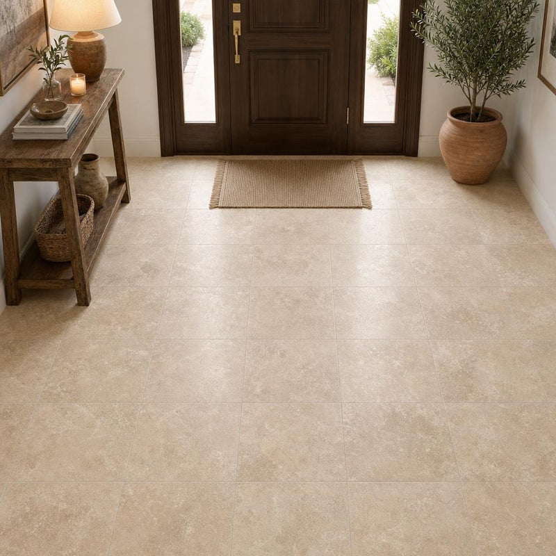 Tuscany Ivory 18x18 HF Travertine Tile — Foyer floor