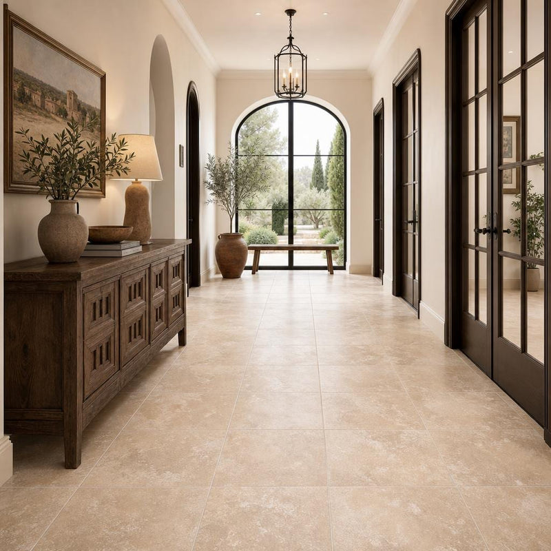 Tuscany Ivory 18x18 HF Travertine Tile — Hallway floor