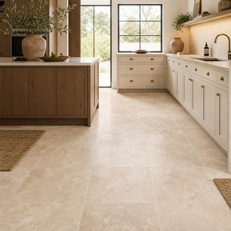Tuscany Ivory 18x18 HF Travertine Tile — Kitchen floor