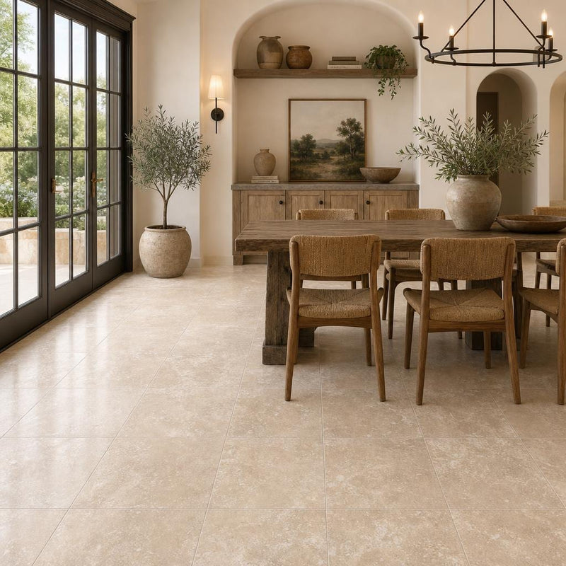 Tuscany Ivory 18x18 HF Travertine Tile — Living Room floor