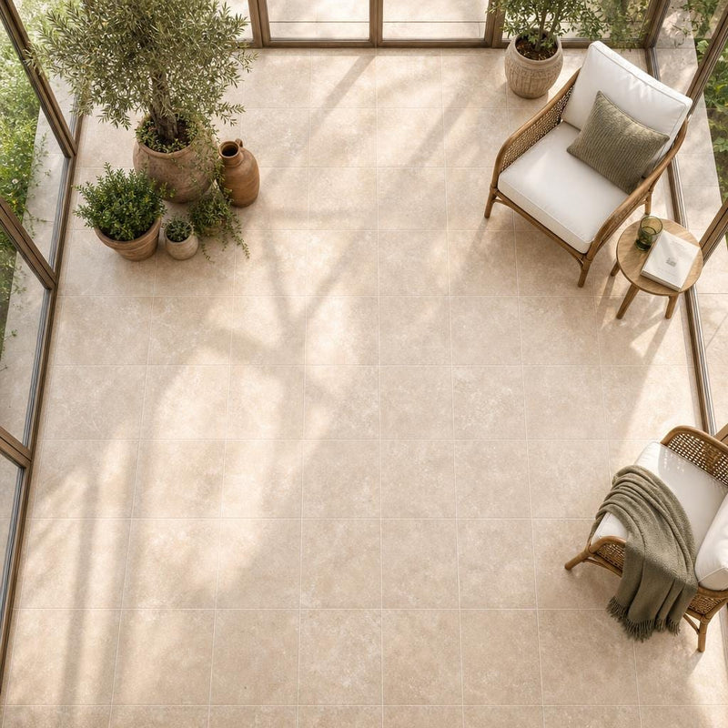 Tuscany Ivory 18x18 HF Travertine Tile — Sunroom floor