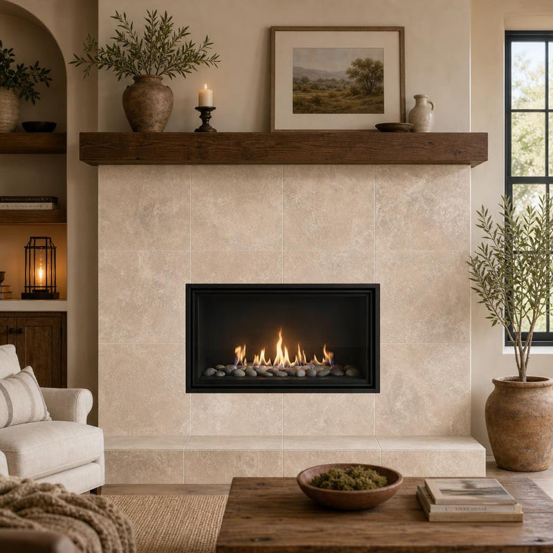 Tuscany Ivory 24x24 HF Travertine Tile — Living Room fireplace surround