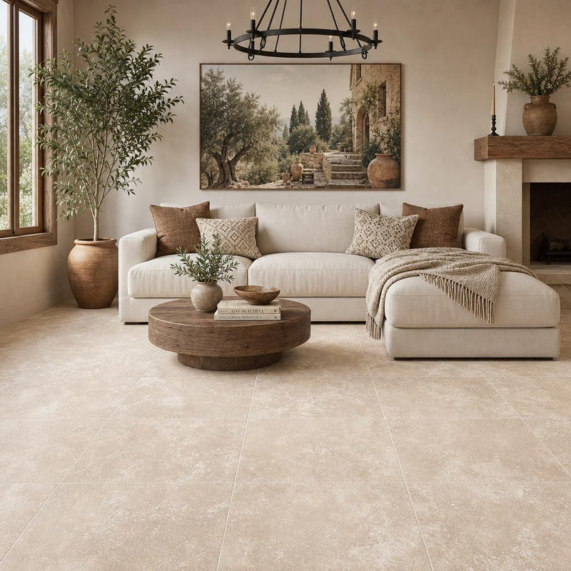 Tuscany Ivory 24x24 HF Travertine Tile — Living Room floor
