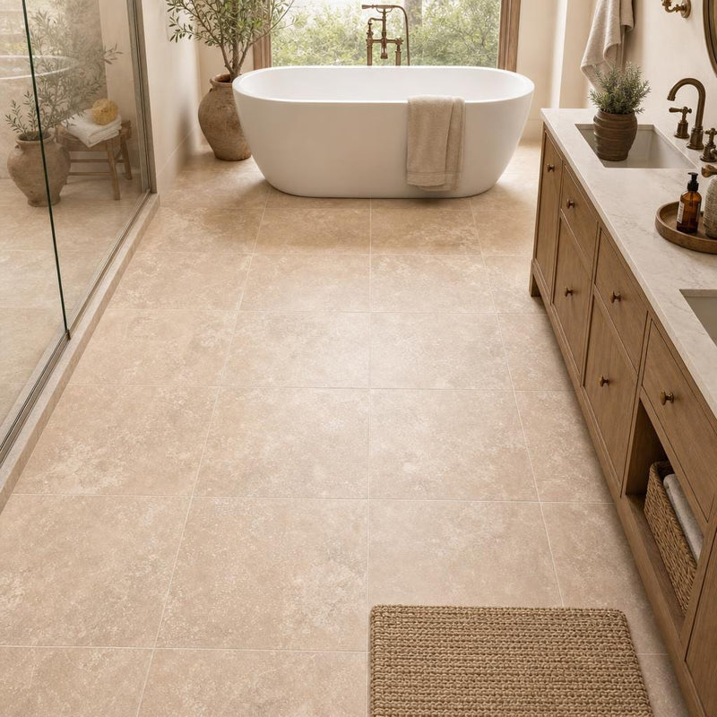 Tuscany Ivory 24x24 HF Travertine Tile — Primary Bath floor